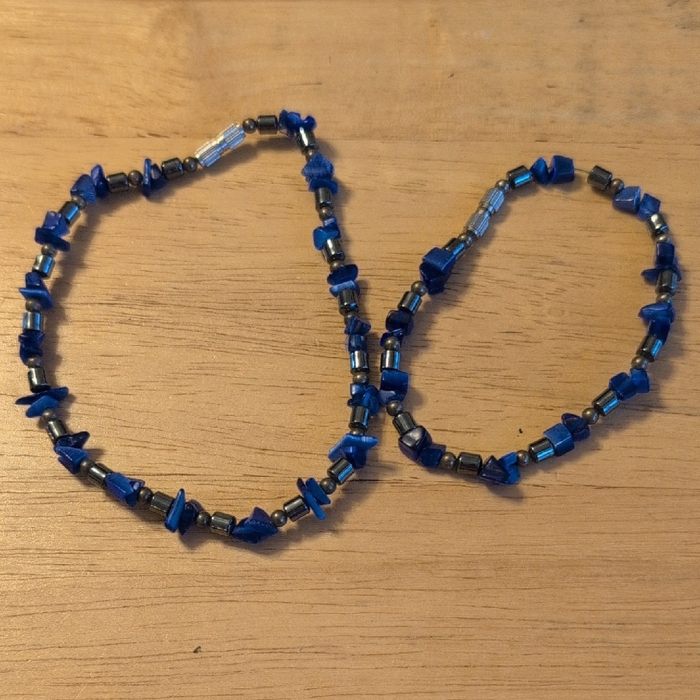 Blue Chip & Black Hematite Bead 10" Anklet and 7" Bracelet Matching Set